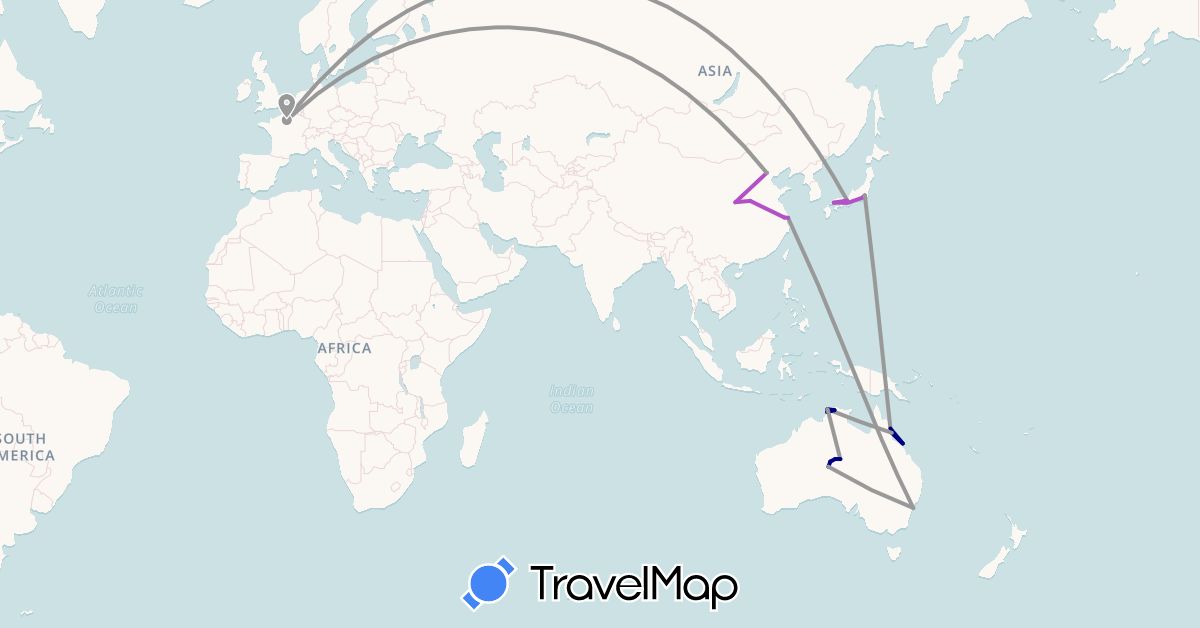 TravelMap itinerary: driving, plane, train in Australia, China, France, Japan (Asia, Europe, Oceania)